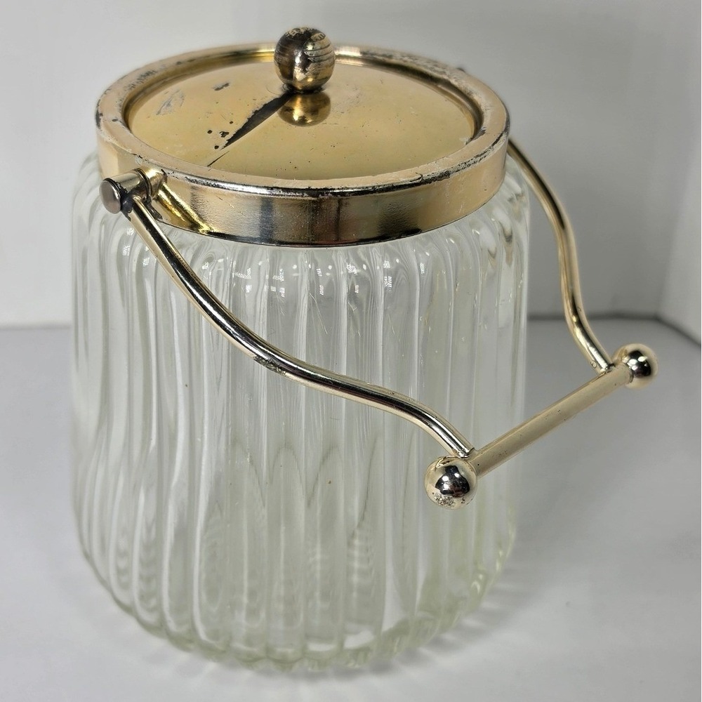 Vintage Ribbed Glass Biscuit Jar Ice Bucket Gold Tone Lid Swing Handle MCM